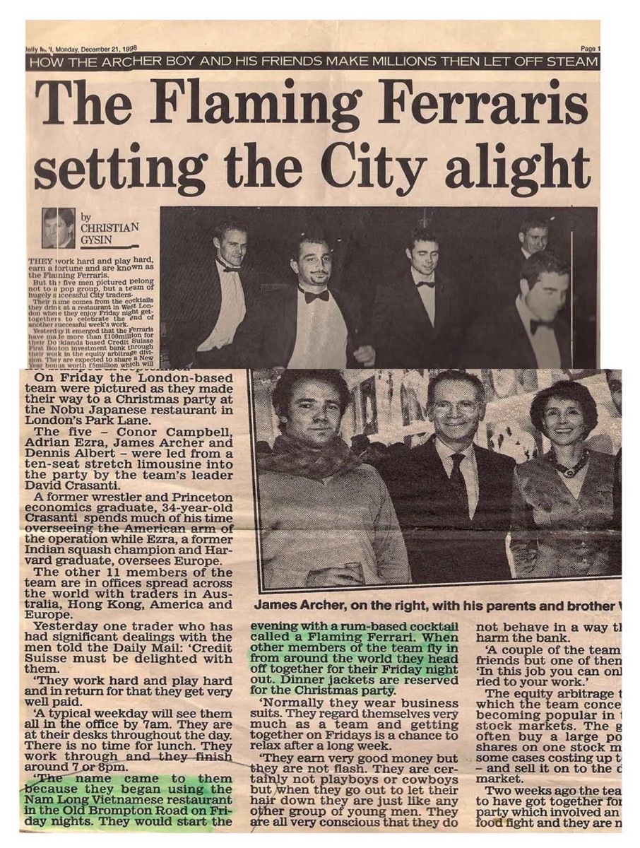Newspaper cutting: 'The Flaming Ferraris setting the City alight'